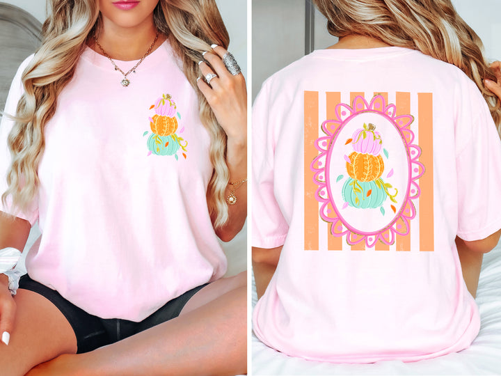 Front and Back Colorful Pumpkin Adult Comfort Colors T-Shirt