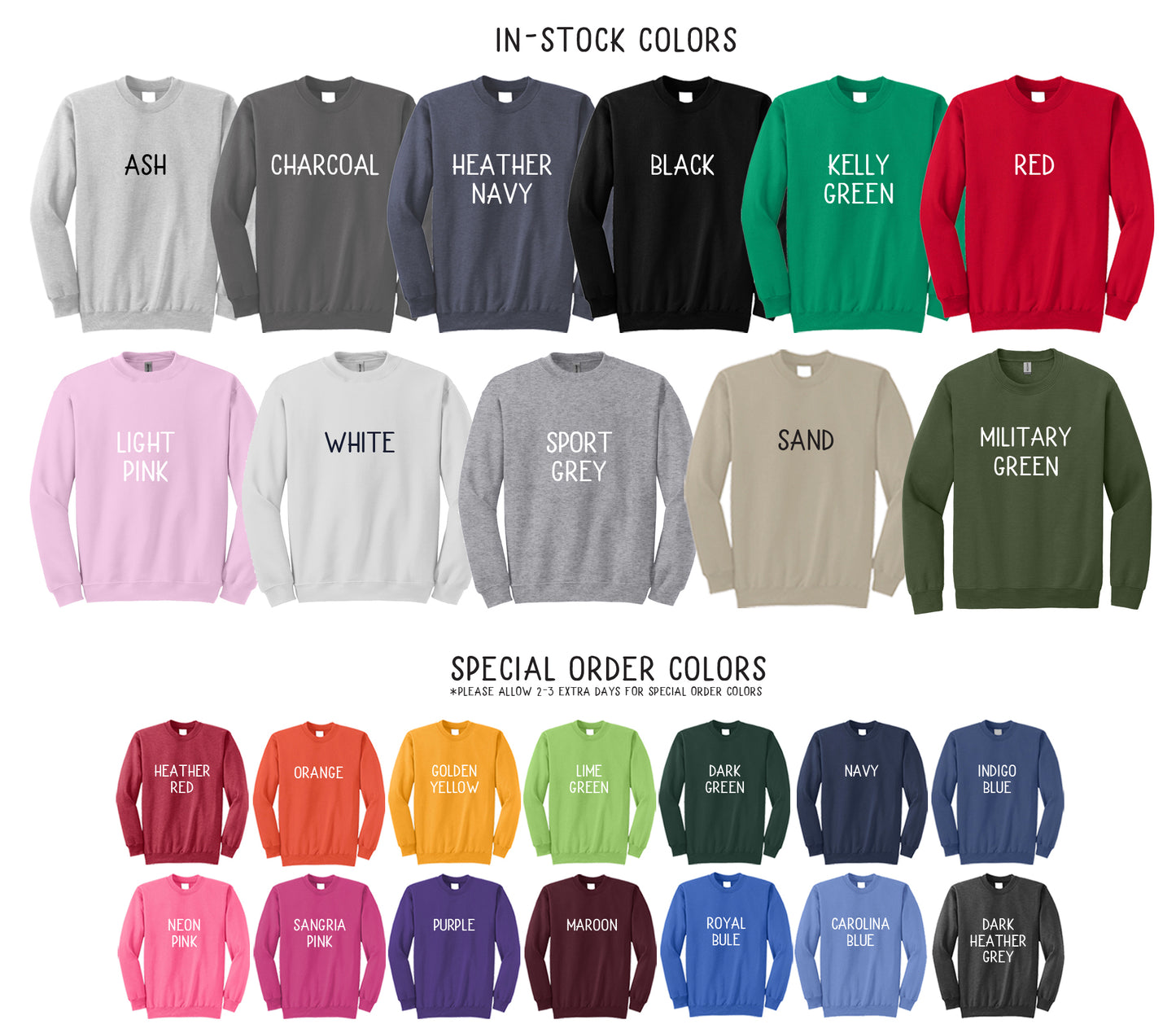 Collection of sweatshirts in various colors with text labels on a white background