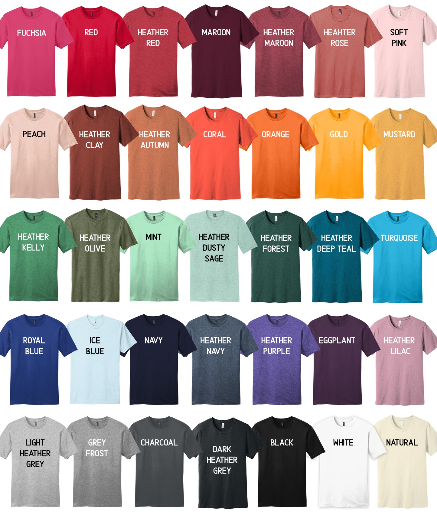 Collection of t-shirts in various colors with color names printed on them.