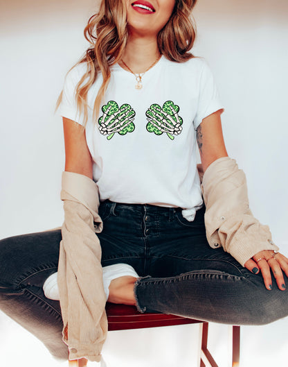 Skeleton Hands Shamrocks Adult T-shirt