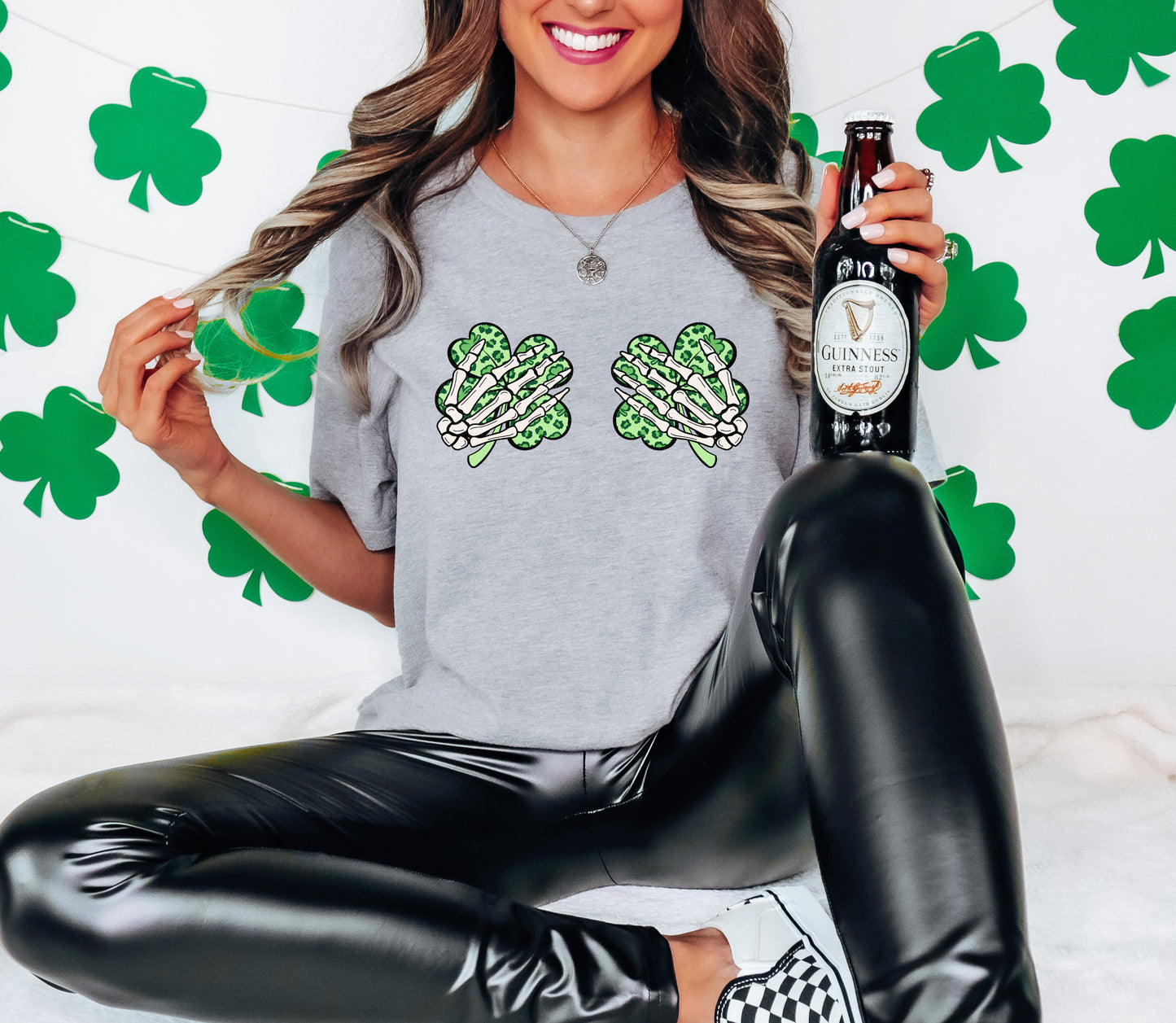 Skeleton Hands Shamrocks Adult T-shirt