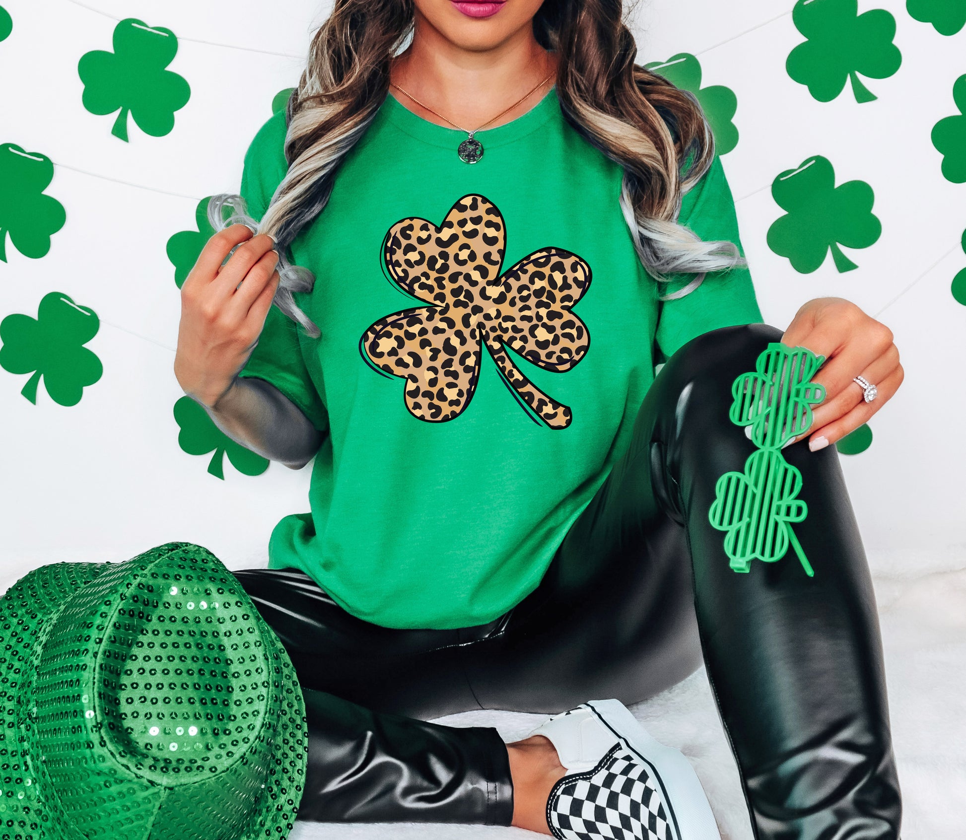 Leopard Print Shamrock Adult T-shirt