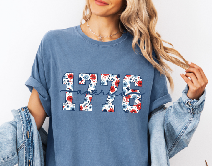 Floral 1776 America Adult Comfort Colors T-Shirt