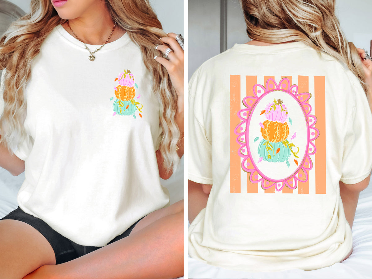 Front and Back Colorful Pumpkin Adult Comfort Colors T-Shirt