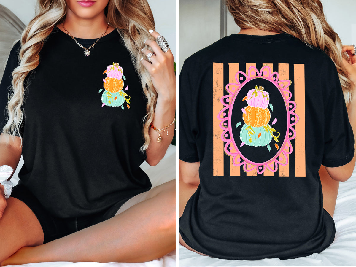 Front and Back Colorful Pumpkin Adult Comfort Colors T-Shirt