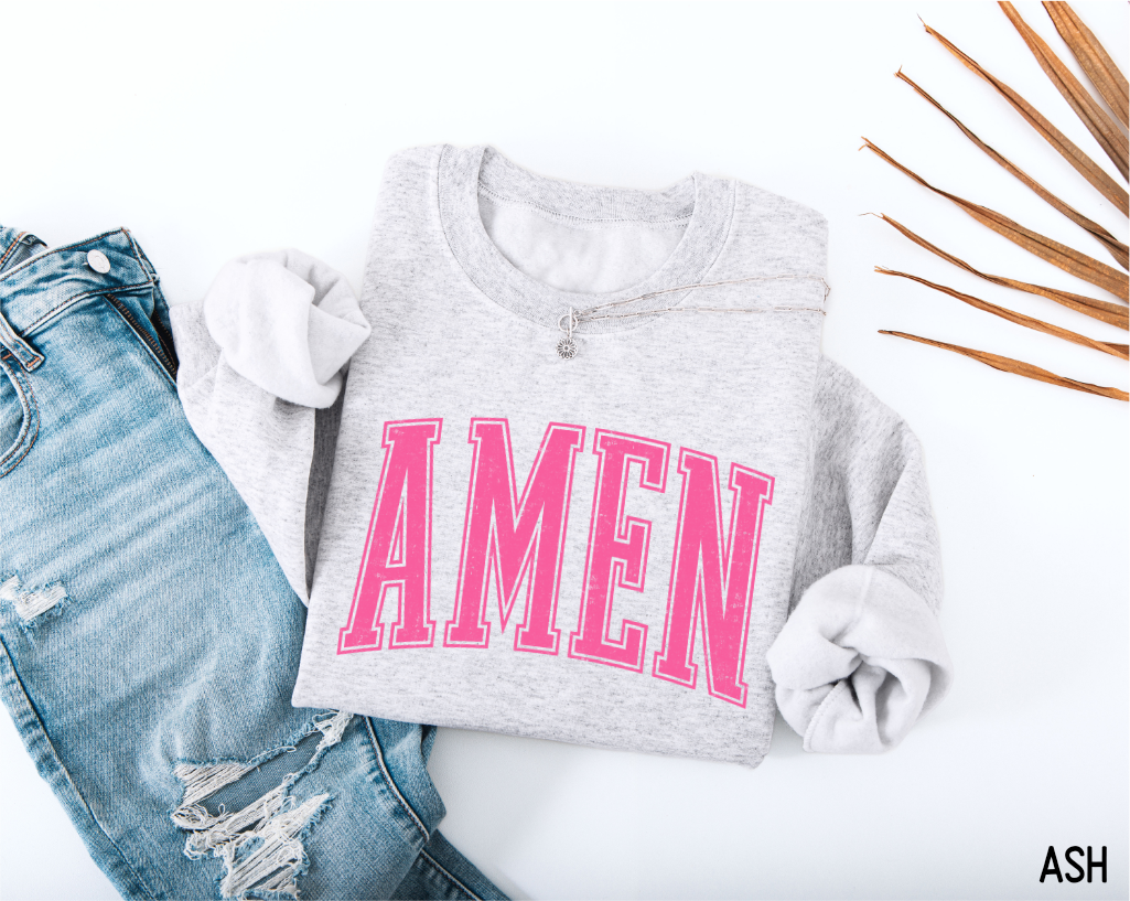 Pink Distressed Amen Adult Sweatshirt