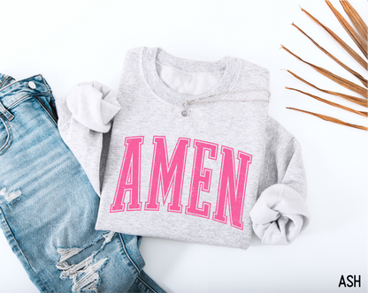 Pink Distressed Amen Adult Sweatshirt