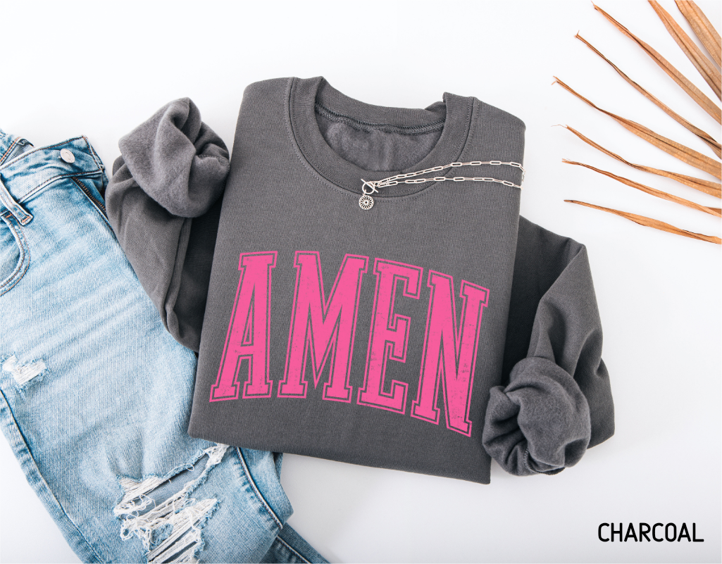 Pink Distressed Amen Adult Sweatshirt