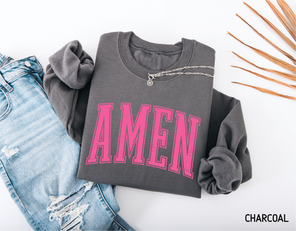 Pink Distressed Amen Adult Sweatshirt
