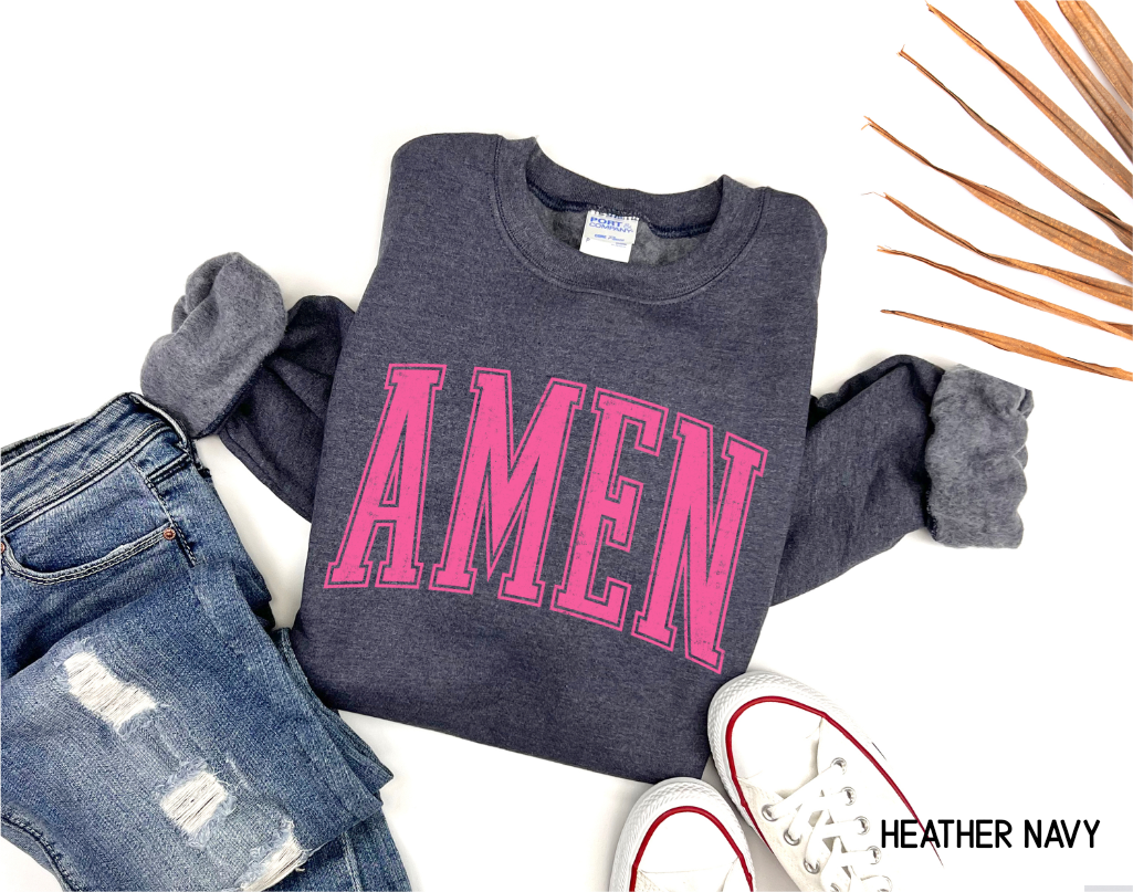 Pink Distressed Amen Adult Sweatshirt