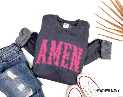 Pink Distressed Amen Adult Sweatshirt
