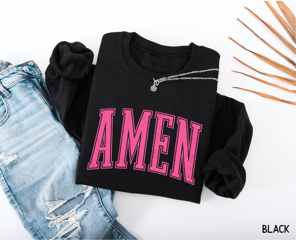 Pink Distressed Amen Adult Sweatshirt