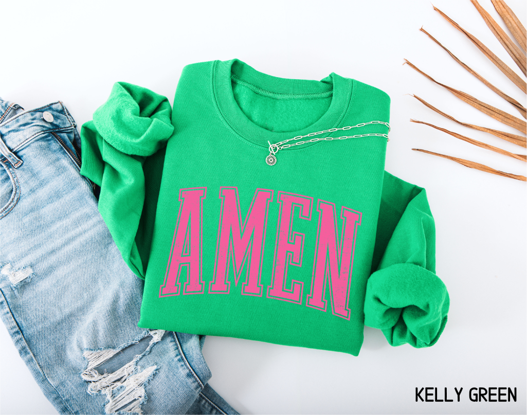Pink Distressed Amen Adult Sweatshirt