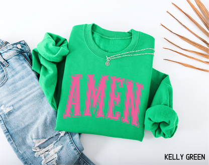 Pink Distressed Amen Adult Sweatshirt