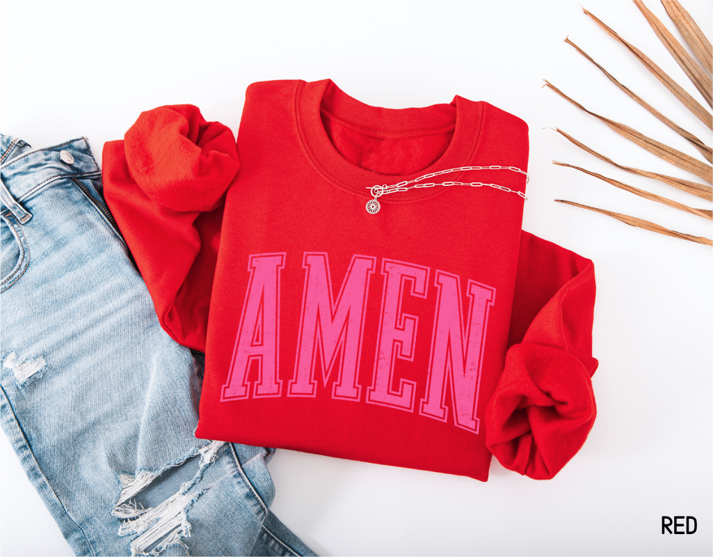 Pink Distressed Amen Adult Sweatshirt
