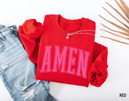 Pink Distressed Amen Adult Sweatshirt