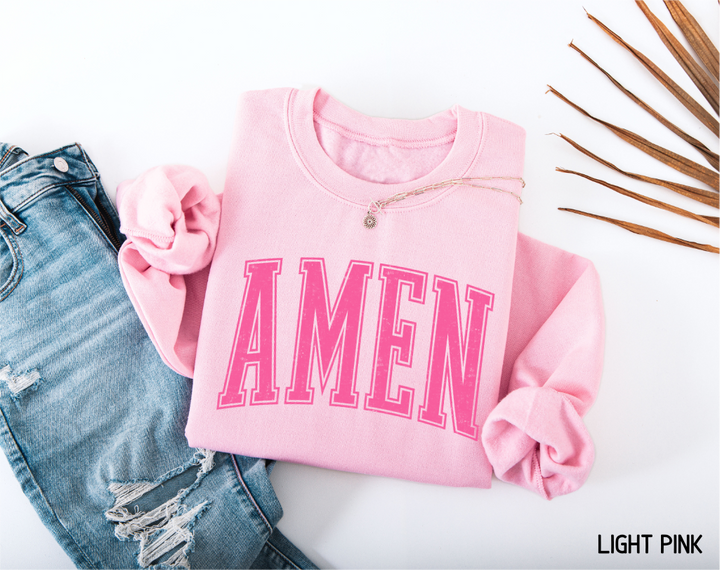 Pink Distressed Amen Adult Sweatshirt