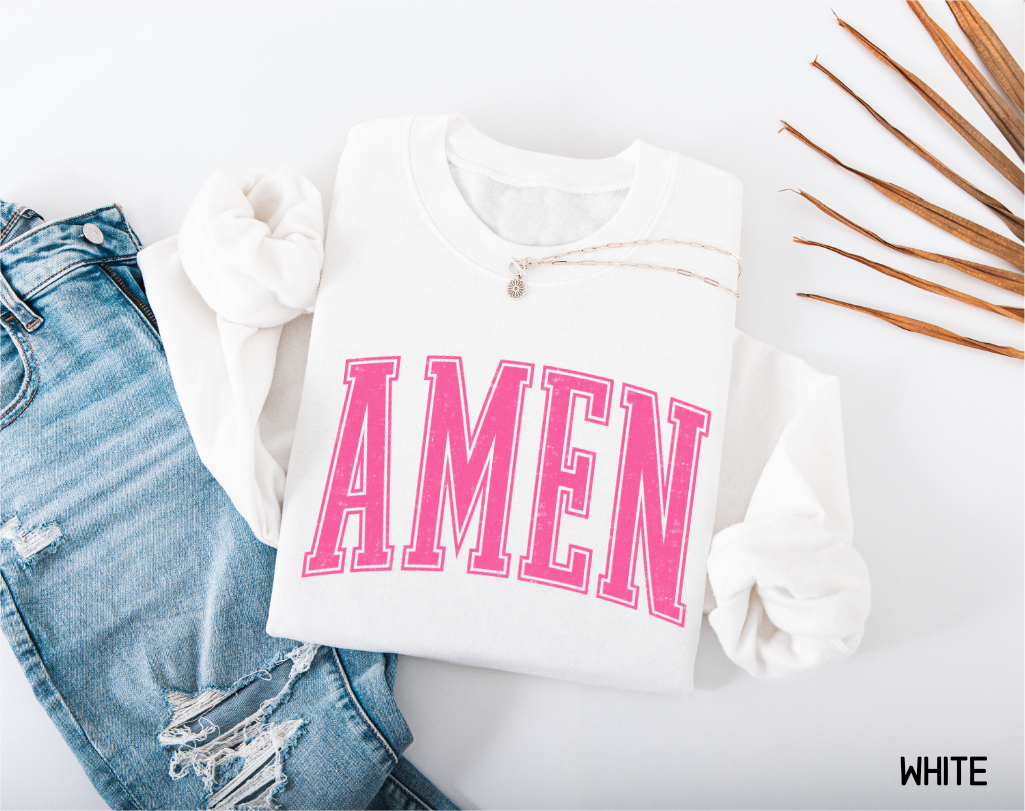 Pink Distressed Amen Adult Sweatshirt