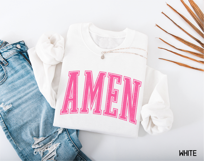 Pink Distressed Amen Adult Sweatshirt