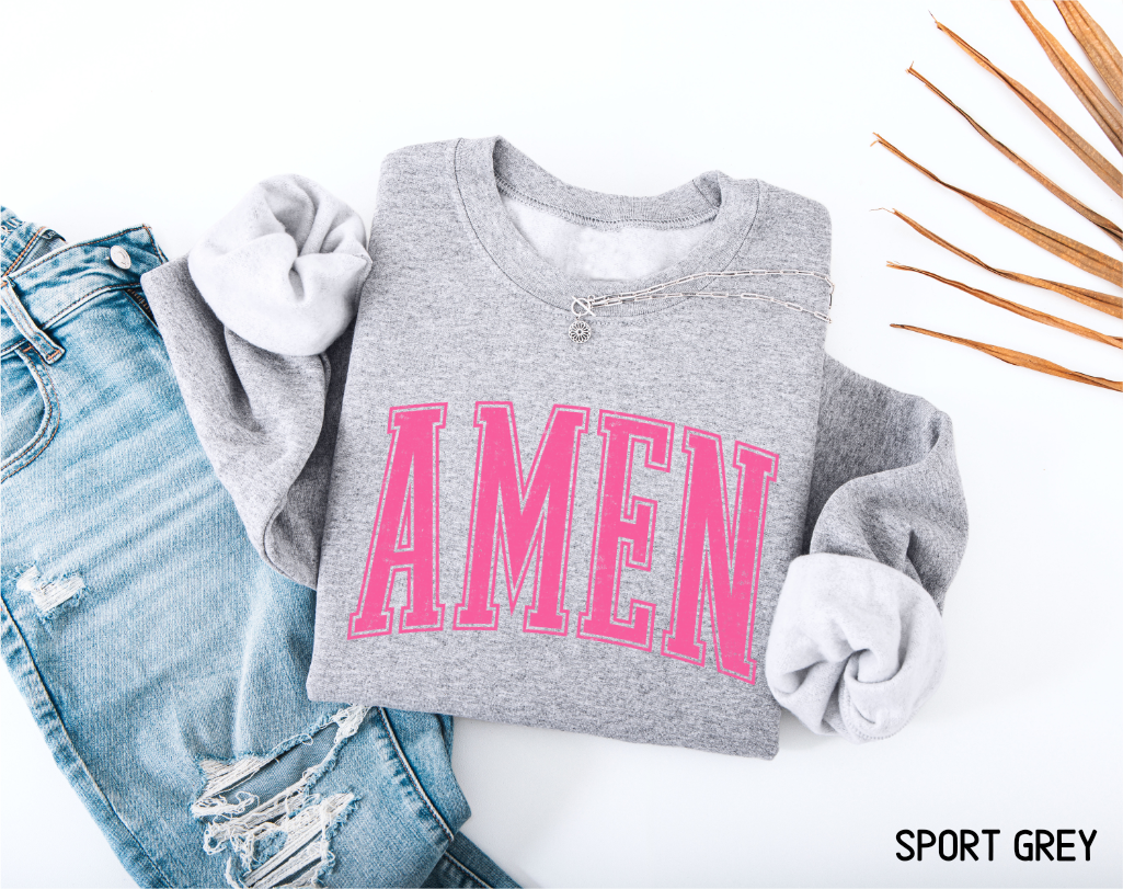 Pink Distressed Amen Adult Sweatshirt