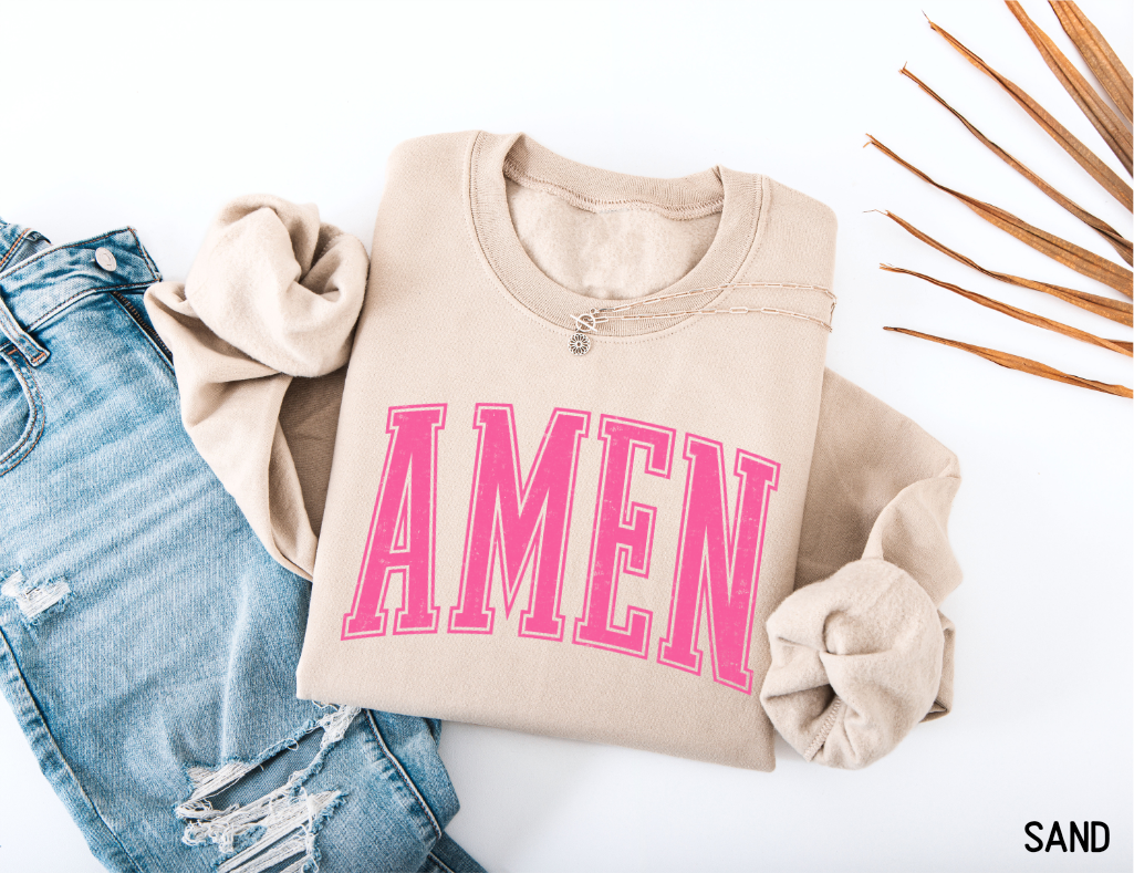 Pink Distressed Amen Adult Sweatshirt