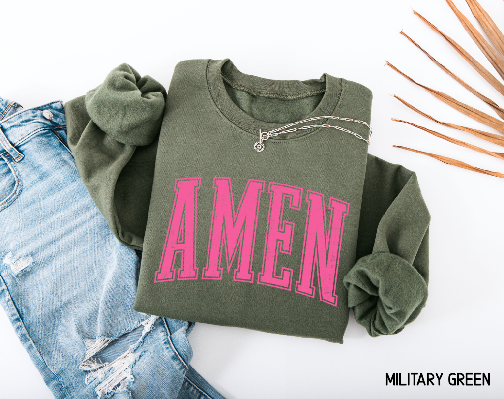 Pink Distressed Amen Adult Sweatshirt