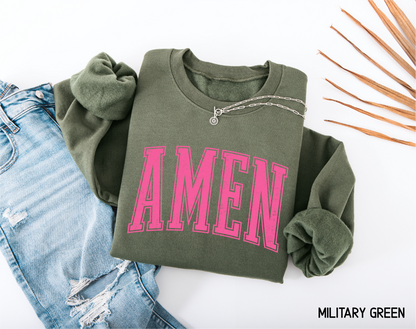 Pink Distressed Amen Adult Sweatshirt