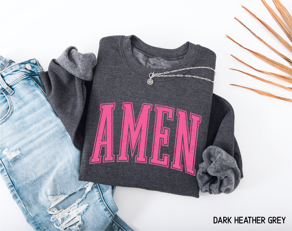 Pink Distressed Amen Adult Sweatshirt