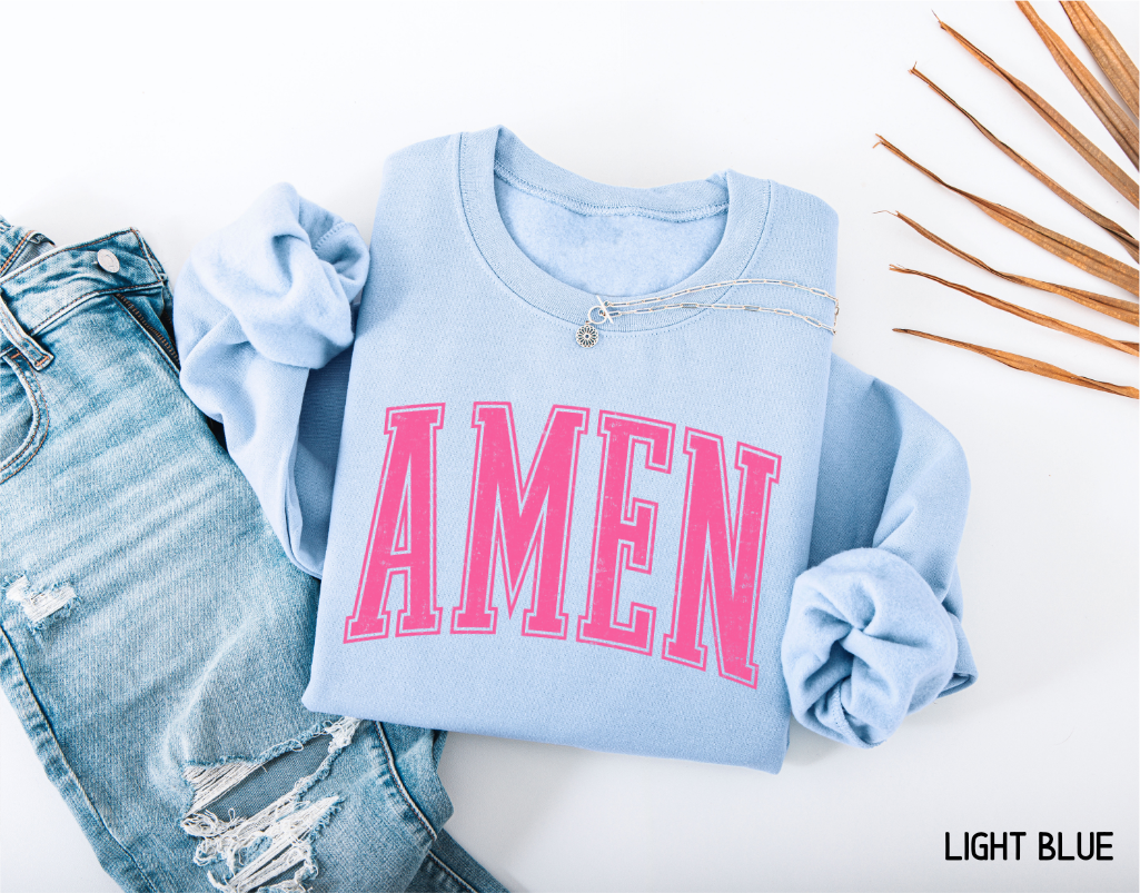 Pink Distressed Amen Adult Sweatshirt