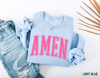 Pink Distressed Amen Adult Sweatshirt