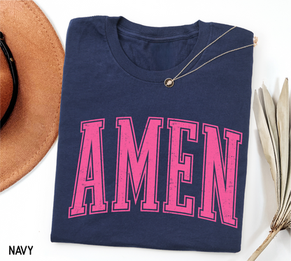 Pink Distressed Amen Adult T-shirt