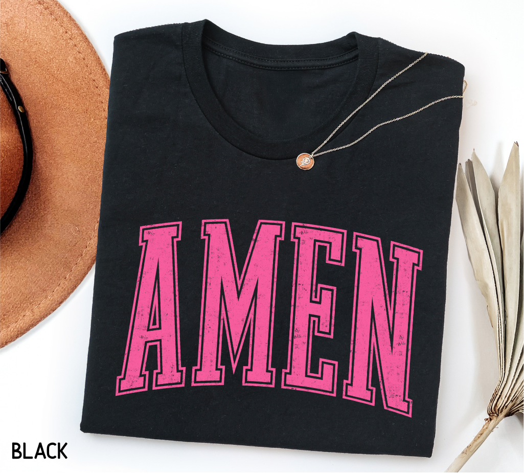 Pink Distressed Amen Adult T-shirt