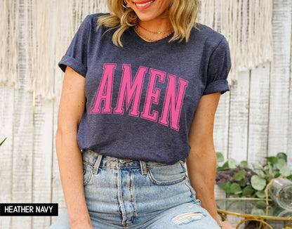 Pink Distressed Amen Adult T-shirt