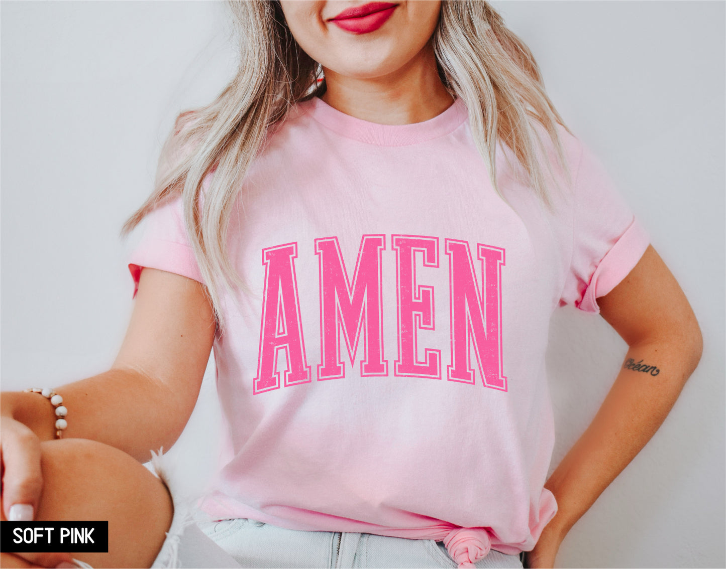 Pink Distressed Amen Adult T-shirt