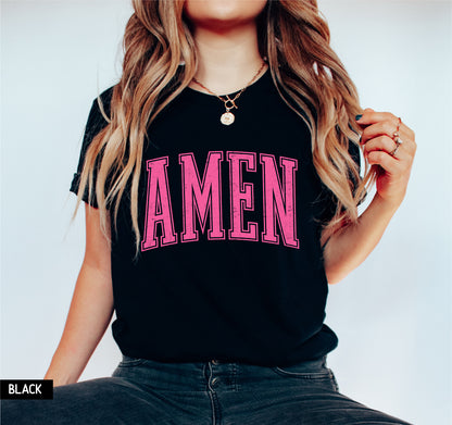 Pink Distressed Amen Adult T-shirt