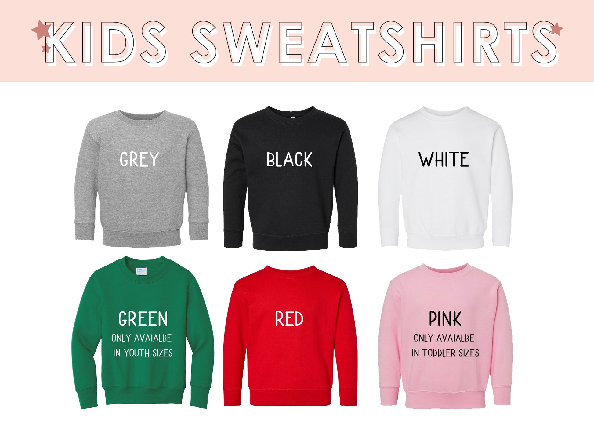 Collection of kids sweatshirts in various colors with text labels on a white background.
