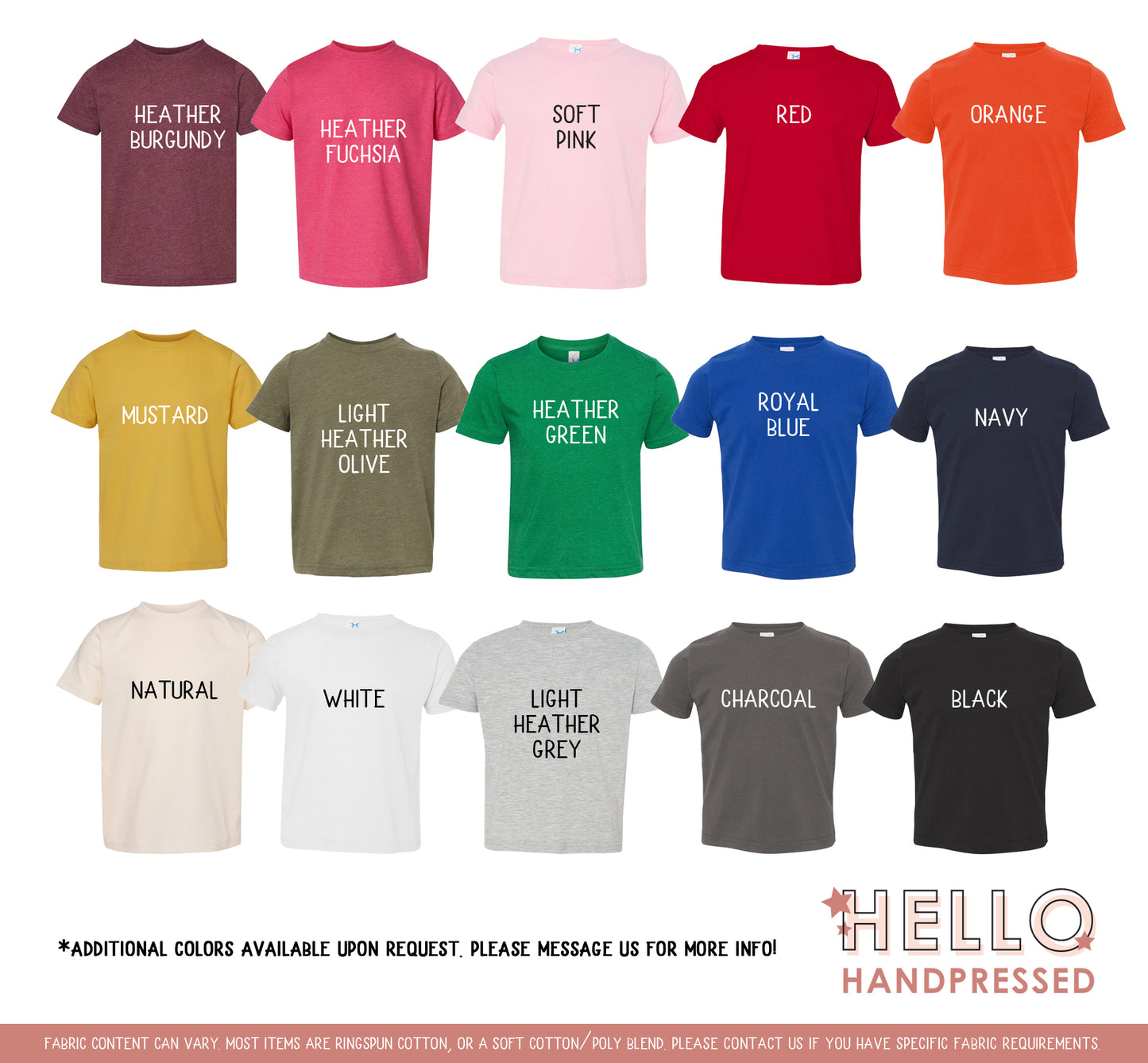 Collection of t-shirts in various colors with text labels on a white background, featuring the brand 'Hello Handpressed'.