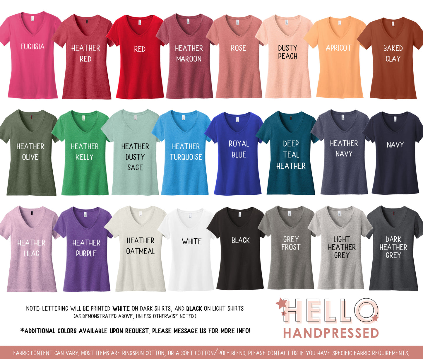 Collection of colorful t-shirts with various colors and text on a white background.