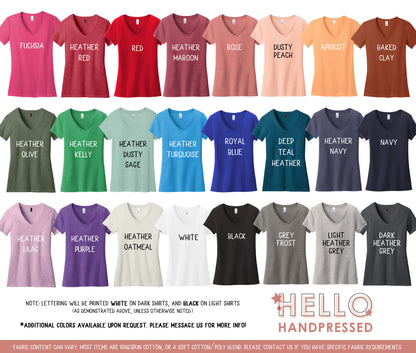 Collection of colorful t-shirts with various colors and text on a white background.