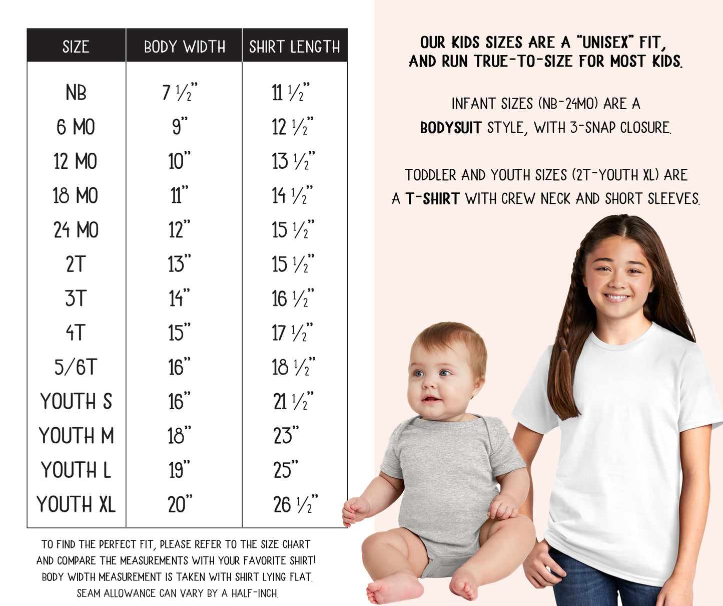 Size chart for children's shirts with two children wearing shirts on a pink background