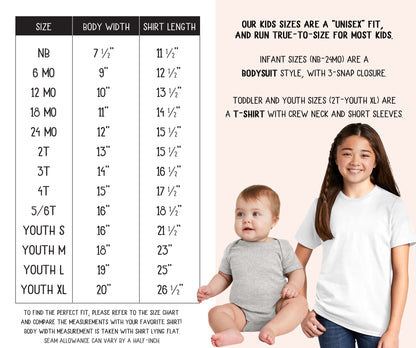 Size chart for children's shirts with two children wearing shirts on a pink background