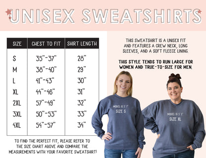 Unisex sweatshirt size chart with two models wearing the sweatshirt.
