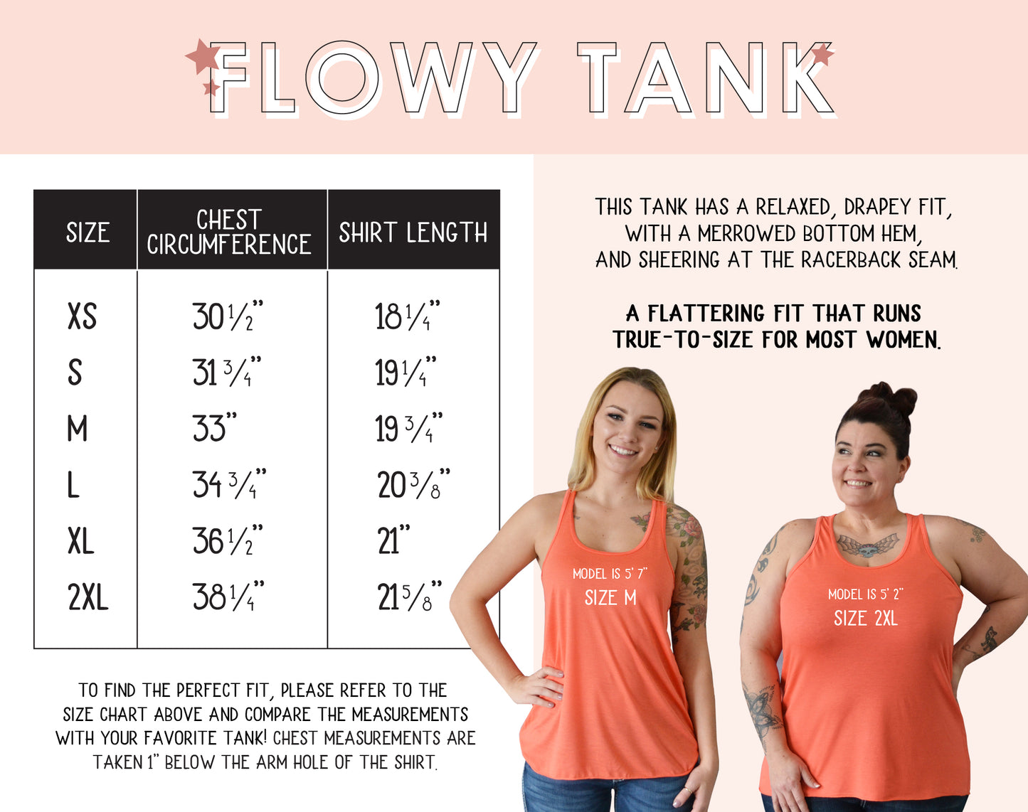 Flowy tank size chart with two models wearing the tank top.