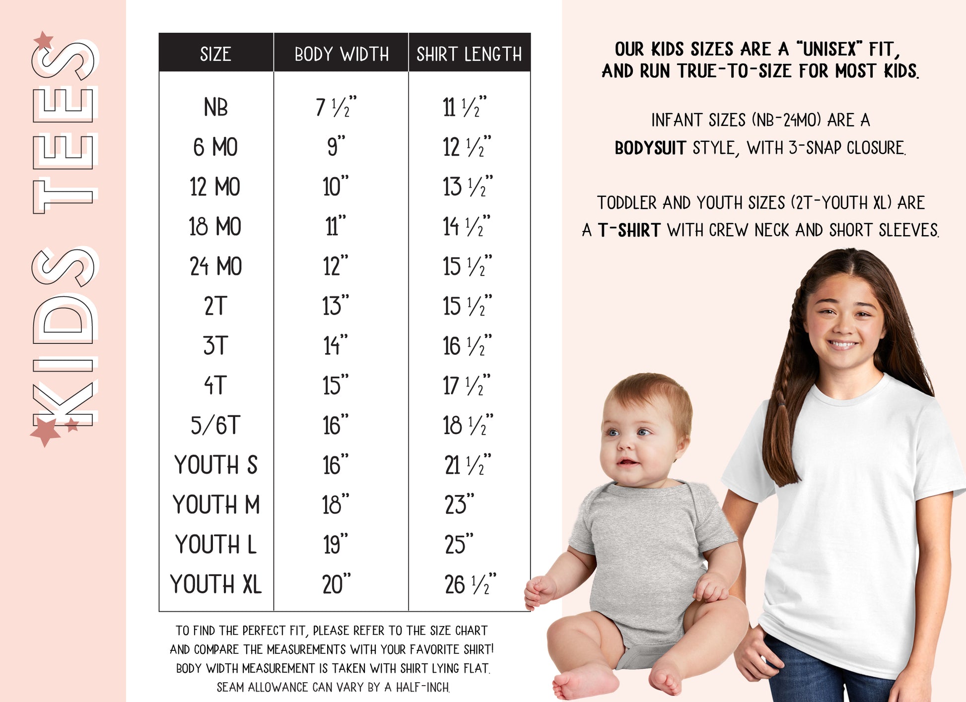 Size chart for kids' tees with two children standing next to it on a pink background.